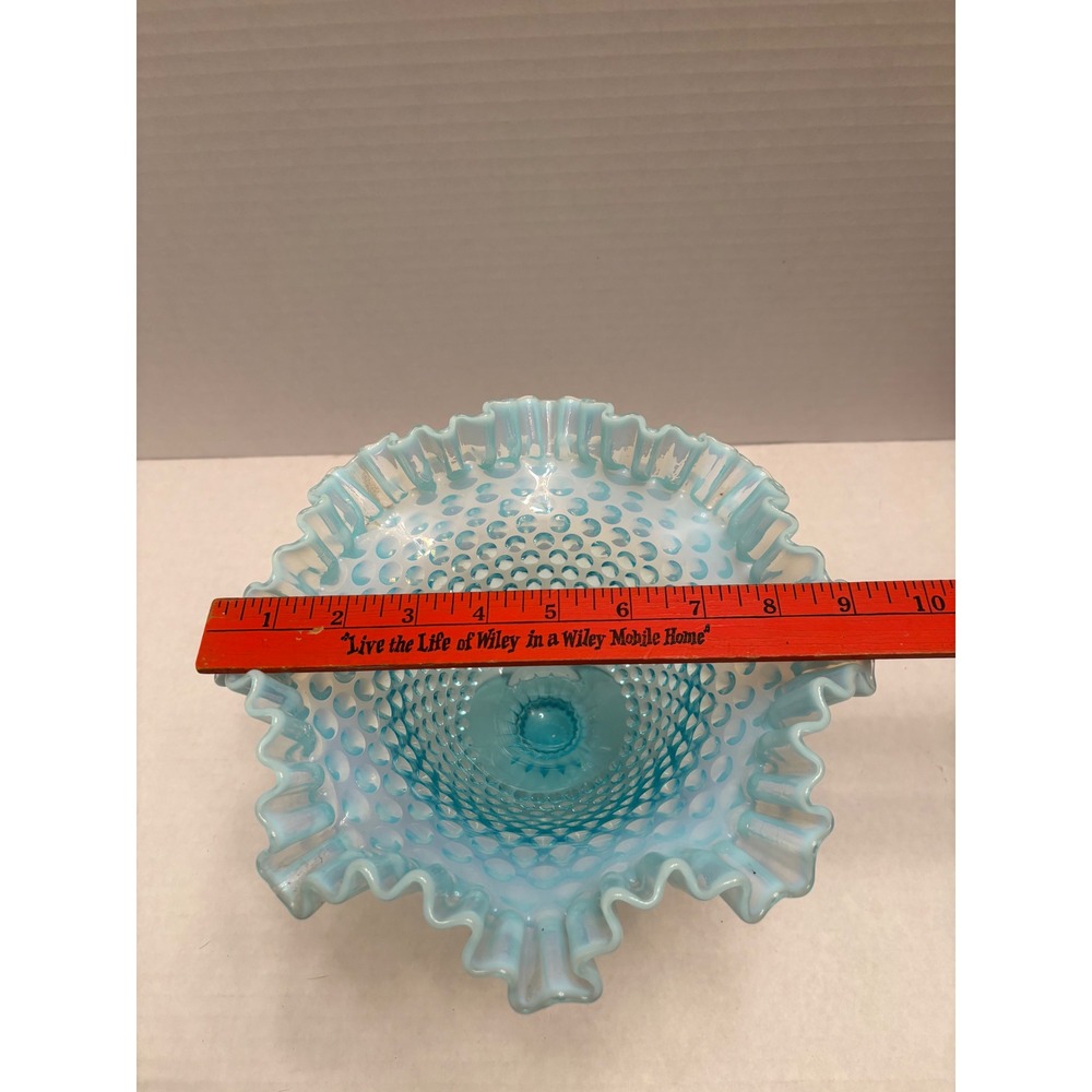 Fenton Blue Opalescent Hobnail Glass Ruffled Compote Pedestal Candy Dish 8" - Picture 6 of 6